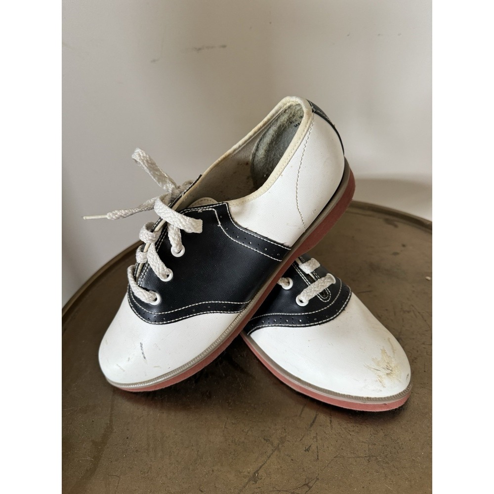 Vintage 50s Shoes Black White Loafers Saddle Women's Genuine Flaw Run Around 6.5